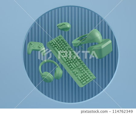 Set of video game joystick, VR glasses and headphones on monochrome podium Set of video game joystick, VR glasses and headphones on monochrome podium 114762349