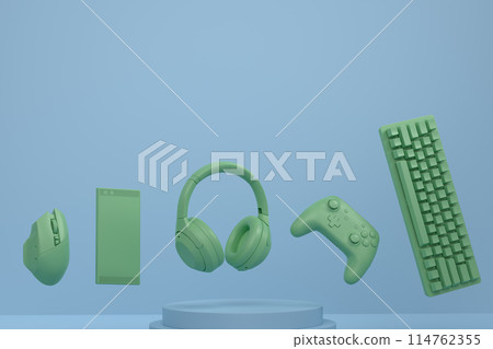 Set of video game joystick, phone and headphones on monochrome podium 114762355