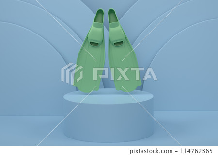 Diving flippers for snorkeling on cylinder podium with step on monochrome Diving flippers for snorkeling on cylinder podium with step on monochrome 114762365