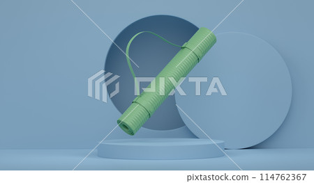 Yoga mat or lightweight foam camping bed roll pad on cylinder podium with steps 114762367