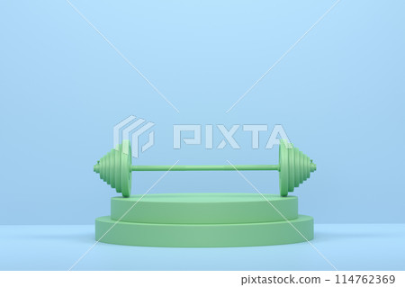 Barbell with metal disks on cylinder podium with steps on monochrome background Barbell with metal disks on cylinder podium with steps on monochrome background 114762369