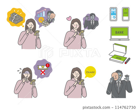 SNS investment: Young woman scam victim illustration icon set 114762730