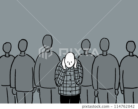 Frightened person covering his ears and a crowd Frightened person covering his ears and a crowd 114762842