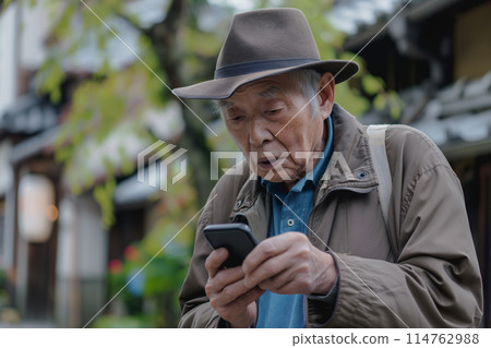 一位老人一臉困惑地操作智慧型手機 114762988