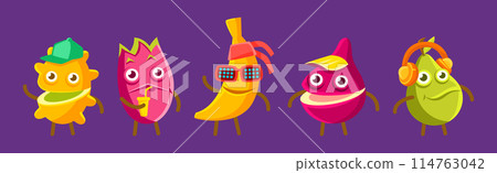 Funny Cartoon Fruit Character with Cool Funky Face Vector Set 114763042