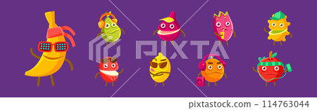 Funny Cartoon Fruit Character with Cool Funky Face Vector Set 114763044