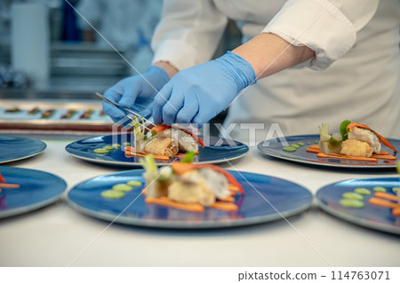 法國廚師，提供食物的手特寫，工作場景 114763071