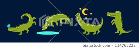 Cute Green Crocodile Animal Engaged in Different Activity Vector Set 114763222