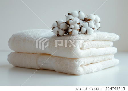 白色背景上的折疊毛巾和棉花“AI生成圖像” 114763245