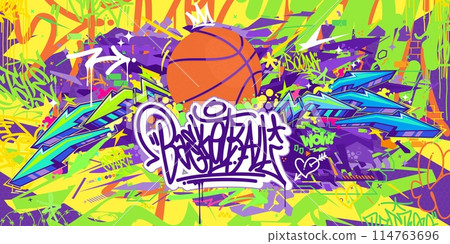 Trendy Hip Hop Urban Street Art Graffiti Style Streetball Or Basketball Illustration Background Art 114763696