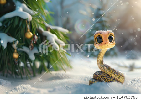 Festive Snake Toy Under Christmas Tree with Snowy Bokeh Background 114763763