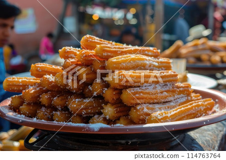 Freshly Made Golden Churros Piled High in a Market Setting 114763764