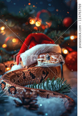 Festive Serpent: Boa in Santa Hat Surrounded by Twinkling Lights Festive Serpent: Boa in Santa Hat Surrounded by Twinkling Lights 114763769