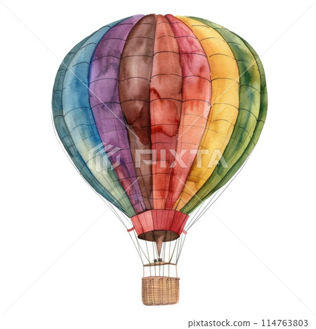 Colorful Watercolor Hot Air Balloon in Flight with Abstract Paint Splashes Colorful Watercolor Hot Air Balloon in Flight with Abstract Paint Splashes 114763803