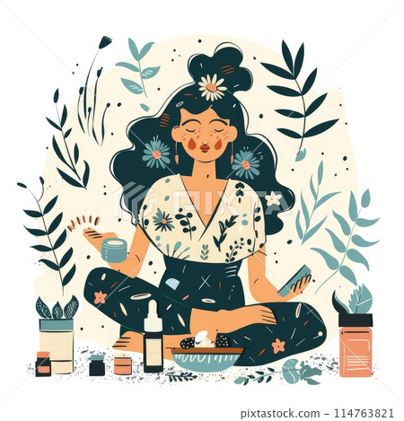 Serene Woman with Botanical Backdrop Enjoying Spa Day 114763821