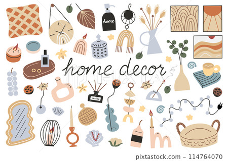 Home decor collection, japandi candles, pillows and vase doodles, vector illustrations of modern interior elements, scandinavian style, trendy accessories set, isolated colored clipart 114764070
