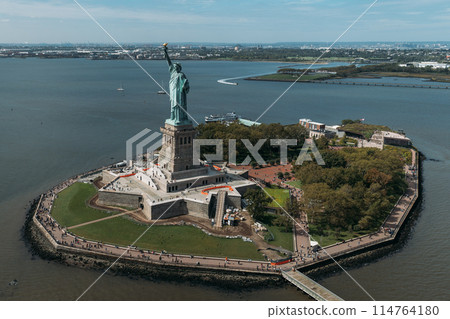 Aerial view of the Statue of Liberty on Liberty Island, New York City 114764180