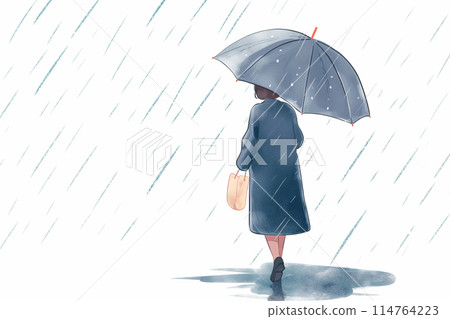 Rear view of a woman walking with an umbrella in the rain 114764223