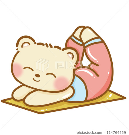 Hand drawn illustration Kawaii Yellow Bear doing Yoga stretching pose meditation cute cheerful character poster clipart print isolated on white. 114764339