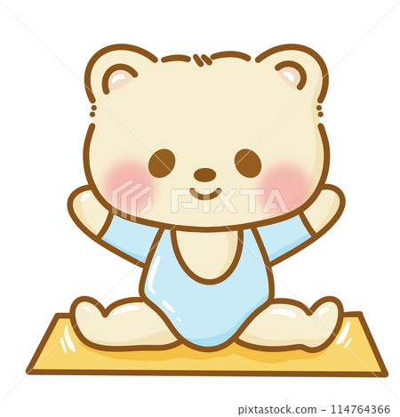 Hand drawn illustration Kawaii Yellow Bear doing Yoga stretching pose meditation cute cheerful character poster clipart print isolated on white. 114764366