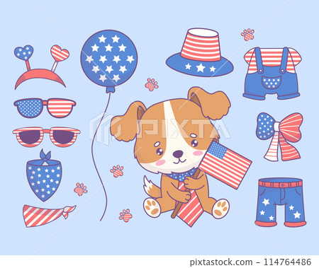Independence Day. Cute festive dog in tie with America flag and clothes, accessories for patriotic party. Isolated cartoon funny kawaii animal and objects. Vector illustration. Kids collection 114764486