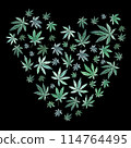 Green cannabis heart on black background, green leaves Hand drawn watercolor illustration, medicine herb plant Green cannabis heart on black background, green leaves Hand drawn watercolor illustration, medicine herb plant 114764495