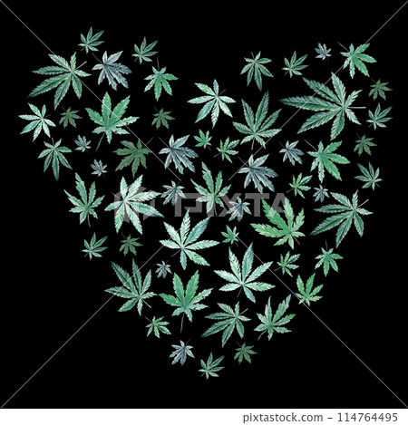 Green cannabis heart on black background, green leaves Hand drawn watercolor illustration, medicine herb plant 114764495
