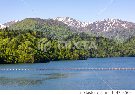 Lake Okutone in early summer as seen from Yagisawa Dam, Minakami Town, Gunma Prefecture 114764502
