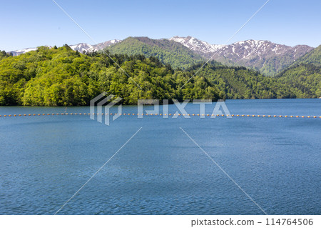 從群馬縣水上町八木澤水庫眺望初夏的奧利根湖 114764506