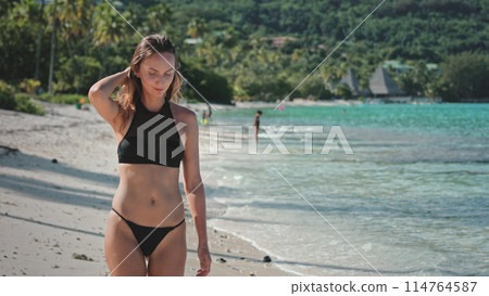 A woman wearing bikini walking along sandy beach. The sun is shining brightly as she strolls near waters edge, leaving footprints behind in the sand. Waves gently wash ashore as seagulls fly overhead. A woman wearing bikini walking along sandy beach. The sun is shining brightly as she strolls near waters edge, leaving footprints behind in the sand. Waves gently wash ashore as seagulls fly overhead. 114764587