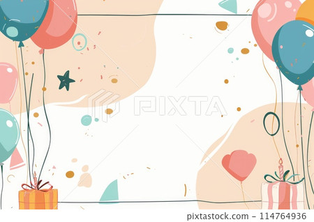 Cheerful Birthday Party Background with Colorful Balloons and Gifts 114764936