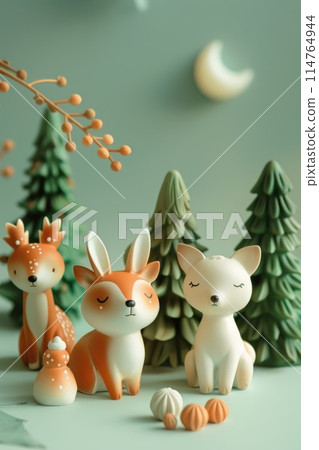Adorable Woodland Creature Figurines with Festive Decorations 114764944