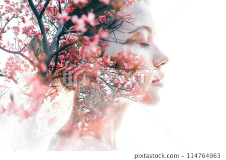 Eco-Consciousness: Woman's Silhouette Merged with Lush Tree Canopy 114764963