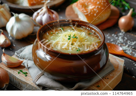 Delectable French Onion Soup in Ceramic Bowl Topped with Melted Cheese and Fresh Herbs Delectable French Onion Soup in Ceramic Bowl Topped with Melted Cheese and Fresh Herbs 114764965