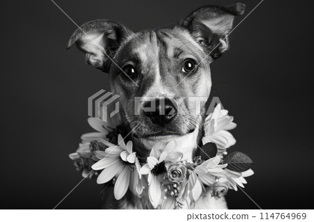 Charming Black and White Portrait of Dog with Floral Collar Charming Black and White Portrait of Dog with Floral Collar 114764969