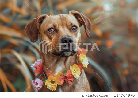 Elegant Dog Adorned with Colorful Flower Collar on Nature Background Elegant Dog Adorned with Colorful Flower Collar on Nature Background 114764970