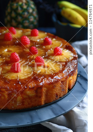 Classic Homemade Pineapple Upside-Down Cake with Cherries and Raspberries Classic Homemade Pineapple Upside-Down Cake with Cherries and Raspberries 114764971