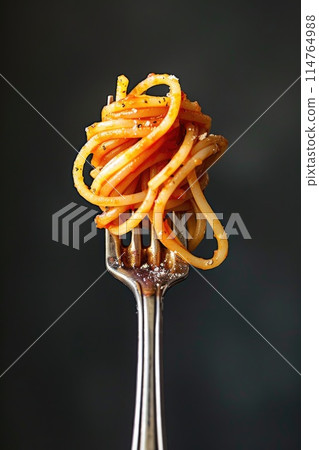 Delicious Spaghetti Pasta Twirled on Fork Against Dark Background Delicious Spaghetti Pasta Twirled on Fork Against Dark Background 114764988