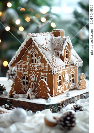 Enchanting Gingerbread House Amidst Sparkling Festive Decorations Enchanting Gingerbread House Amidst Sparkling Festive Decorations 114764995