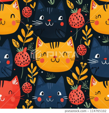 Adorable Cartoon Cat Faces Pattern for Playful Backgrounds 114765102
