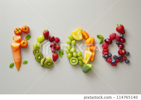 Colorful Fruit Alphabet Display on Textured Background 114765140