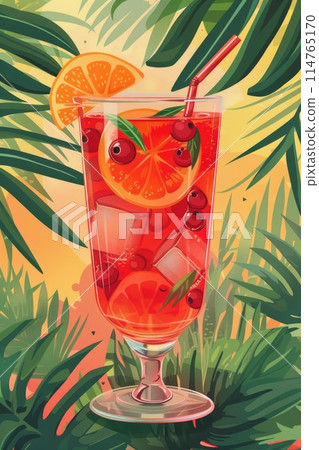 Tropical Cocktail Amidst Lush Foliage - Refreshing Summer Beverage Illustration Tropical Cocktail Amidst Lush Foliage - Refreshing Summer Beverage Illustration 114765170