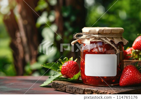 Homemade Strawberry Jam in Glass Jar on Wooden Surface with Fresh Berries Homemade Strawberry Jam in Glass Jar on Wooden Surface with Fresh Berries 114765176