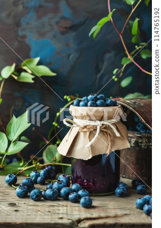 Homemade Blueberry Jam in Glass Jar on Rustic Wooden Table Homemade Blueberry Jam in Glass Jar on Rustic Wooden Table 114765192