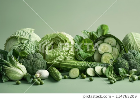 Fresh Green Vegetables Assortment on Calming Background Fresh Green Vegetables Assortment on Calming Background 114765209