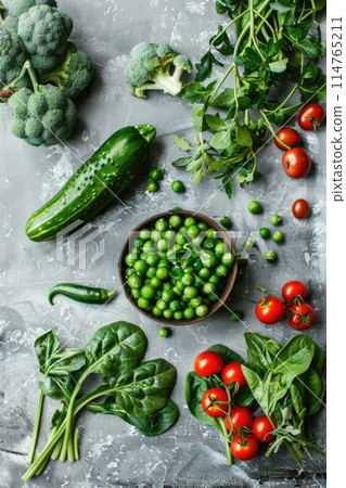 Fresh Organic Vegetables Flatlay on Textured Background Fresh Organic Vegetables Flatlay on Textured Background 114765211