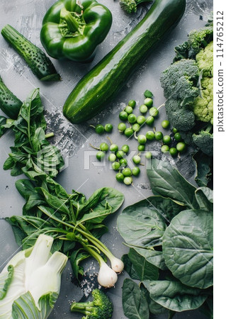 Vibrant Assortment of Fresh Green Vegetables on Light Background 114765212