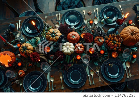 Elegant Autumn Dinner Table Setting with Pumpkins and Leaves Elegant Autumn Dinner Table Setting with Pumpkins and Leaves 114765255