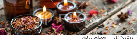 An array of scented candles and a potpourri of spices and dried flowers 114765282