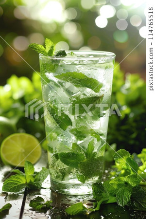 An invigorating mint mojito cocktail, garnished with fresh lime and mint leaves 114765518